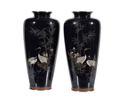 A Pair of Silver Wire Cloisonné Enamel Vases, each of tapering ovoid form resting on a slightly splayed foot and rising to a 