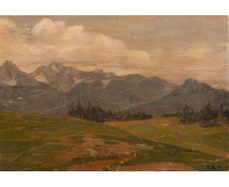 RENATO BERTI (Padova 1884 - Vicenza 1939) "Paesaggio". Olio su tavola. Cm Opera firmata in basso a destra R. Berti. Al retro 