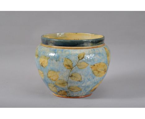 A Royal Doulton stoneware planter/ jardiniere, with a floral design on a light blue ground, dark blue rim, impressed mark to 