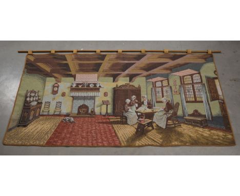 A Dutch 20th century tapestry wall hanging, depicting women at home sewing, with hanging pole, the tapestry measures 95cm x 1