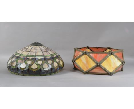 Two 20th century Tiffany style light shades, both for ceiling lights, hanging chains present (one missing), one of circular f