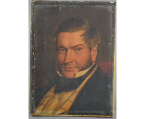 19th century British school, a portrait of a gentleman, oil on canvas, later re-glued onto a modern canvas, a rip to the orig