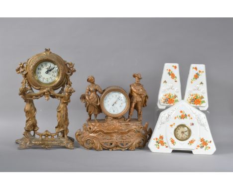 A 20th century continental ceramic clock garniture, white glaze with floral decoration, circular dial with Arabic Numerals, t