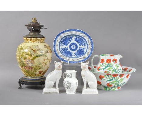 A collection of 19th century and later ceramics, comprising a blue and white Chinese Fitzhugh armorial pattern basket stand, 