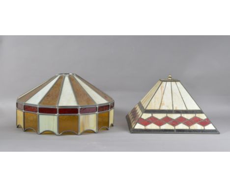 Two 20th century Tiffany style light shades, the larger for a ceiling light (two panels damaged, AF), 22cm H x 40cm W, togeth
