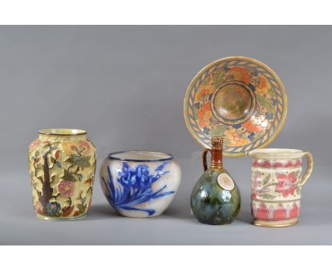 An assorted collection of English ceramics, comprising a stoneware Wade, Whisky decanter, 21cm high, an Indian Tree pattern v