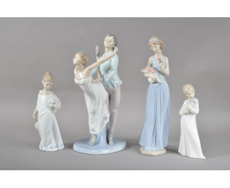 Three Nao porcelain figurines, comprising a large figural group of two dancers, 33cm high, a figurine of a lady with flowers,