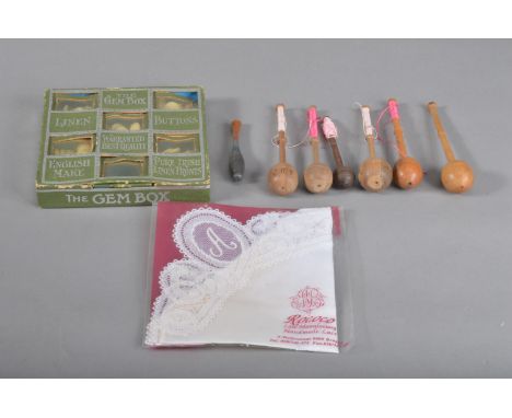 Six wooden lace-makers sewing bobbins, by repute from the Azores, all of similar styles, one monogrammed 'C.H.G.', sizes rang