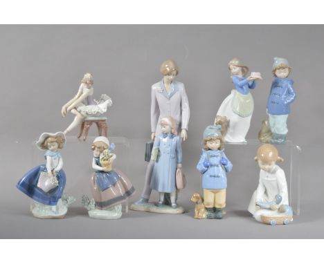 A collection of Lladro and Nao ceramic figurines, comprising three Lladro figurines, the tallest a lady and daughter 33cm hig