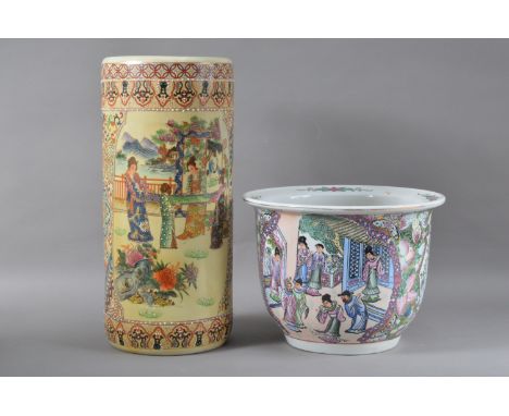 A modern Chinese style stick stand, on an ivory ground, depicting people, 45.5cm high, and a planter with figures, 24cm H x 3