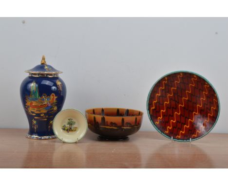 A collection of English ceramics, comprising a small Clarice Cliff dish, countryside scene, marked to the underside 12.5cm di
