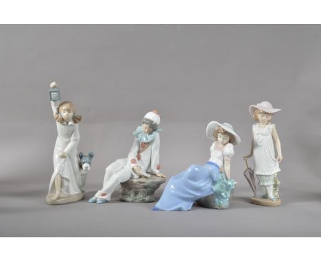 Four Nao porcelain figurines,  all of children in a variety of posses, the tallest a girl with a lamp and dog, 22cm high, all