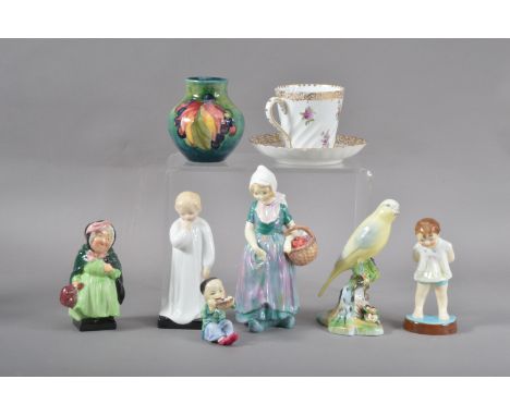 A collection of ceramics, comprising three Royal Doulton figurines; Sairey Gamp, Darling and Arnette, all marked to the under