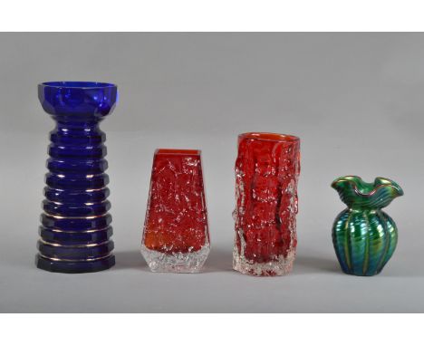 A collection of glass, comprising two pieces of Geoffrey Baxter for Whitefriars, a coffin texture vase, 13cm high and a textu