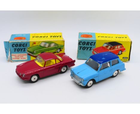 Corgi - 2 x models, Austin A 40 in blue # 216 and Renault Floride in red # 222. Both cars show signs i=of use and appear in F