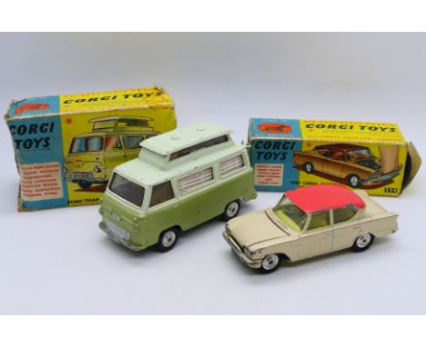Corgi - 2 x Ford models, a Thames Airborne Caravan in green # 420 and a Consul Classic 325 saloon in cream # 234. Both show s