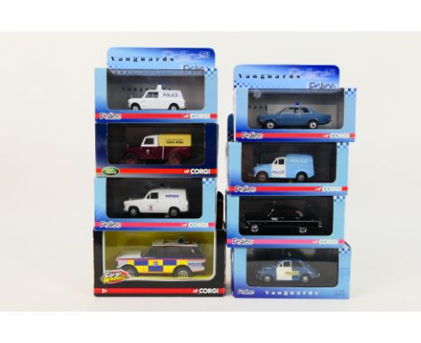 Corgi Vanguards - 8 x boxed Police cars including Morris Mini van in Ayrshire livery # VA01419, Land Rover in Edinburgh liver