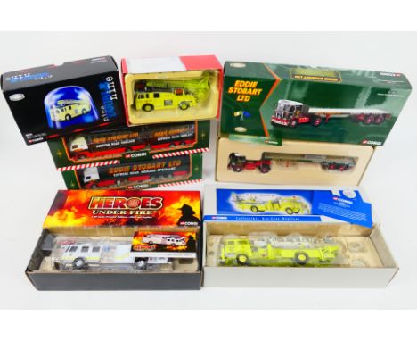 Corgi - 6 x boxed trucks including Mack CF Tower Ladder # US53802, Atkinson Borderer flatbed trailer # CC12502, Dennis F12 si