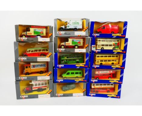 Corgi - 14 boxed diecast model vehicles from Corgi, including #C675/12 Metrobus; C676/12 Ford Transit Bus; D957/12 Morris Min