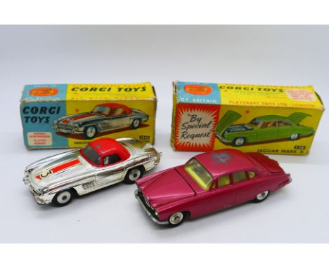 Corgi - 2 x boxed models, a Mercedes Benz 300SL hardtop roadster in chrome finish # 304S and a Jaguar Mk10 saloon in metallic