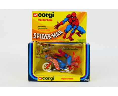 Corgi - A boxed Corgi #266 'Spiderbike'. The red and blue motorcycle comes with Spiderman figure. The rarer white wheeled mod