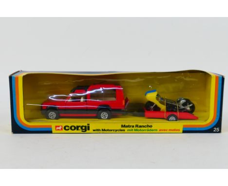 Corgi - A boxed Corgi #25 Matro Rancho with Motorcycles. The Matra in red with white interior, features red trailer carrying 