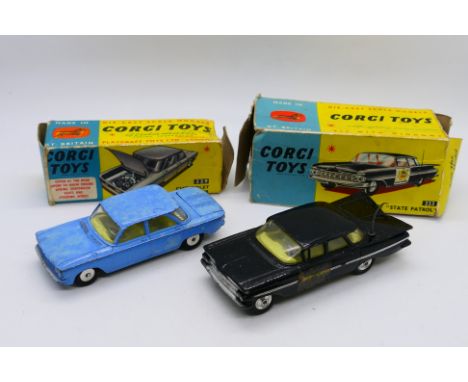 Corgi - 2 x American cars, a Chevrolet Impala State Patrol car in black and white # 223 and a Chevrolet Corvair sedan in ligh