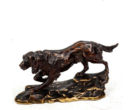 A Continental bronze glaze pottery figure of a dog, length approx 25cmTail has been broken and re-glued 