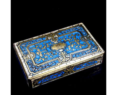 A 19th century brass marquetry and enamel inlaid sewing case, with fitted interior and accoutrements, length 17cmColoured ena