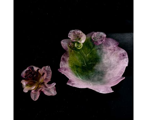 DAUM - coloured glass leaf and flower design bowl, 19cm across, and a Daum glass flower ornament, both boxed with papersPerfe