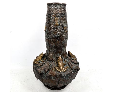 A patinated bronze narrow-necked vase, with relief cast frog and lily pad design, by Maitland-Smith Ltd Thailand, height 35cm