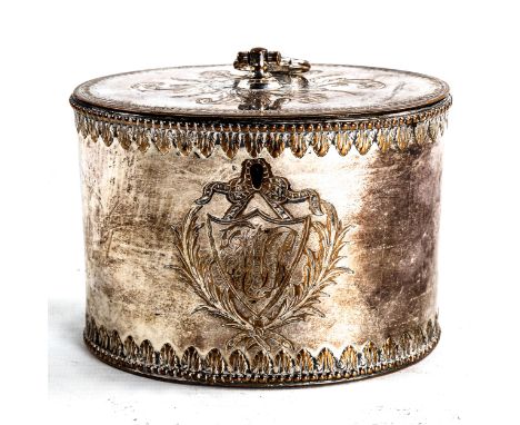 A fine George III neo-classical oval Sheffield plate tea caddy hinge cover with original handle chased Neo classical motifs a