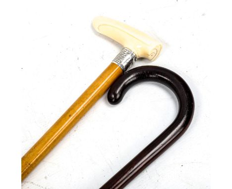 A late Victorian Malacca walking cane with ivory handle, and a snakewood walking stick (2) 