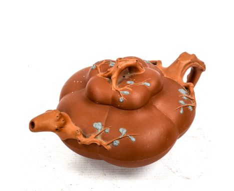 A Chinese red ware pumpkin design teapot, overall length 20cm 
