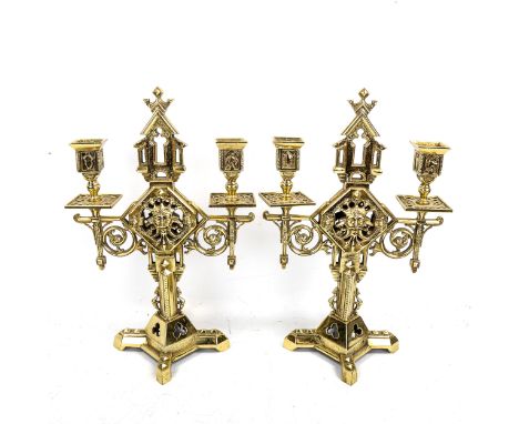 A pair of 19th century polished brass Gothic style twin-branch candelabra, height 36cmGood condition 