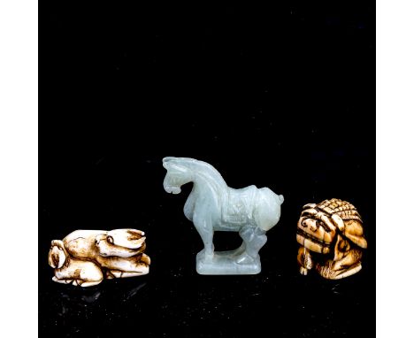 A Chinese carved jade horse, height 4.5cm, and 2 Japanese ivory netsuke (3) 