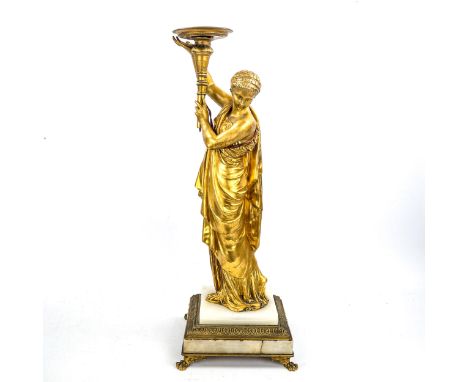 A 19th century gilt-bronze lamp base, supported by a robed Classical female figure, standing on ormolu and alabaster stepped 
