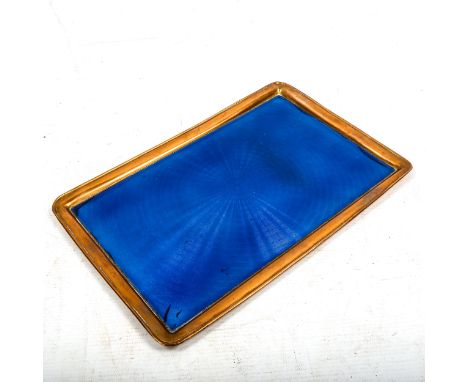 A brass and blue guilloche enamel dressing table tray, 30cm x 20cm 