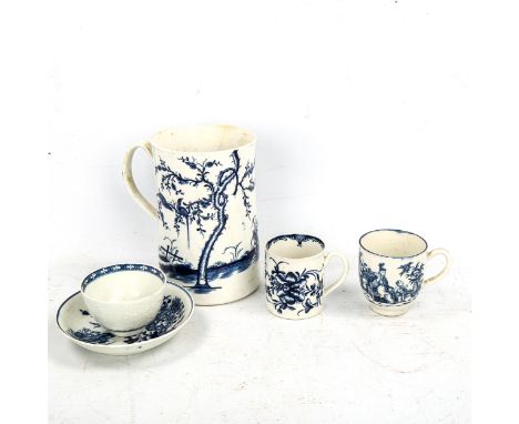A group of early Worcester blue and white porcelain, including a large mug decorated with Oriental figures,  height 15cm, 2 c