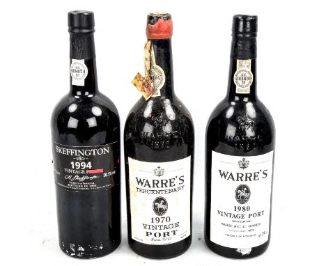 3 bottles of Vintage Port, Warre's 1970 -Tercentenary, Warre's 1980 & Skeffington 1984.From a local private cellar.  Warre's 