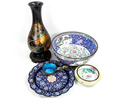 A group of Oriental metalware, including a polychrome enamel bowl, diameter 26cm (5) 
