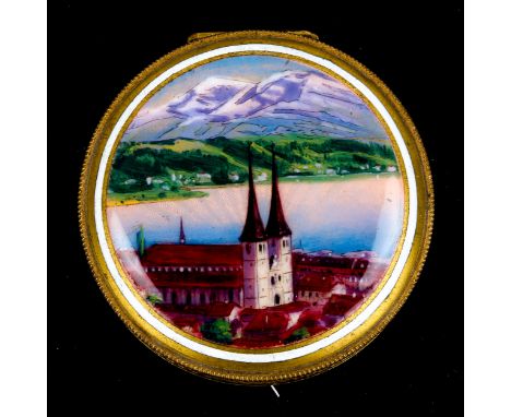 French gilt metal pill box with exquisite enamel top, marked inside ARTES and makers mark E.P