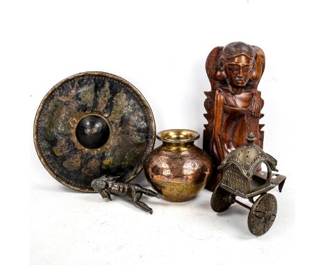 A group of Oriental items, including an enamel painted gong, 26cm across (5) 