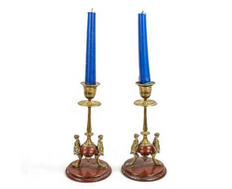A pair of 19th century Classical design rouge marble and bronze candlesticks, height 20.5cmMarble very slightly scratched, br