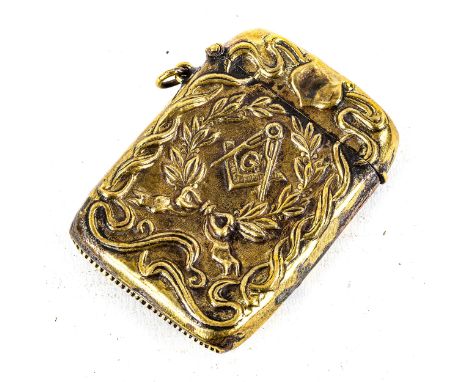 A Late Victorian Masonic brass vesta case decorated with the square and compass and scrolls with a Laurel wreath