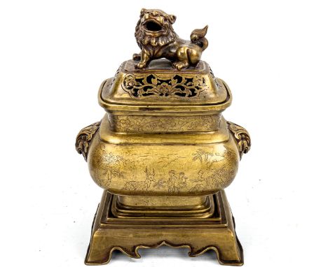 A Chinese polished bronze incense burner and cover on stand, with Dog of Fo knop and engraved scenes, height 26cmGood conditi
