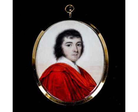 Miniature painted portrait on ivory of a gentleman wearing a red cloak, late 18th/early 19th century, unsigned, in original u