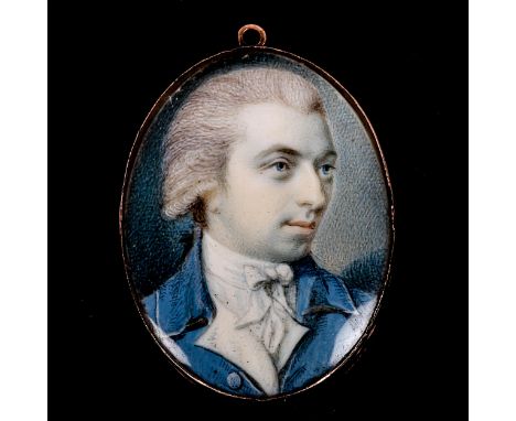 Attributed to Andrew Plimer (1763 - 1837), miniature painted portrait on ivory of a gentleman wearing a blue coat, hair panel