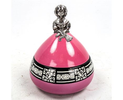 Royal Staffordshire pink glaze ceramic bowl and cover, with silver handle, in the form of a woman holding a fan, hallmarks Bi