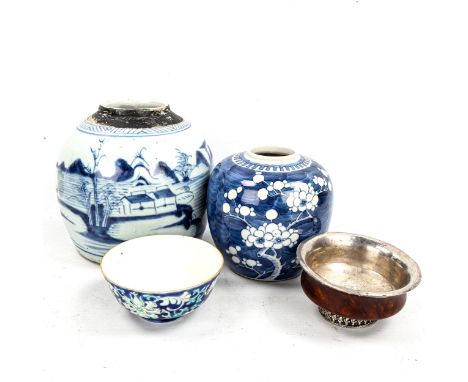 A group of Oriental items, comprising 2 blue and white ginger jars, largest height 16cm, a floral enamel painted bowl, diamet